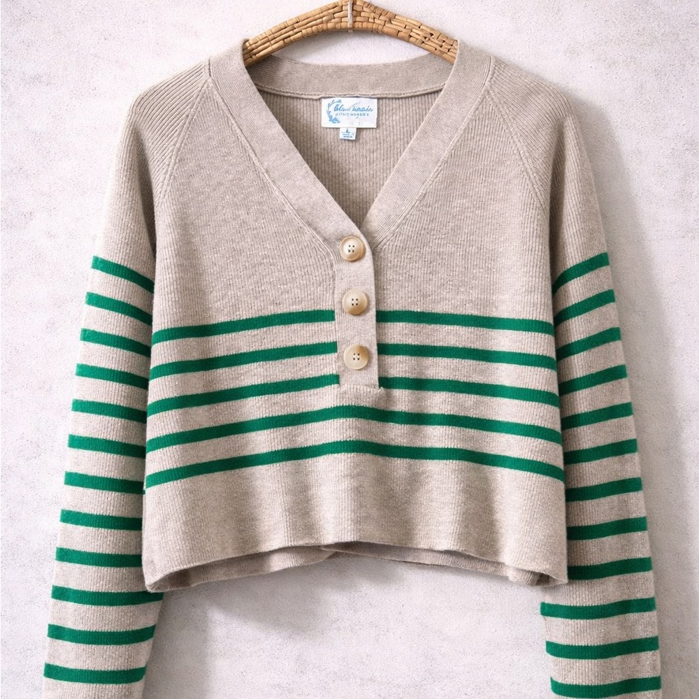 Coastal Knit Women's Beige and Green Striped V-Neck Sweater